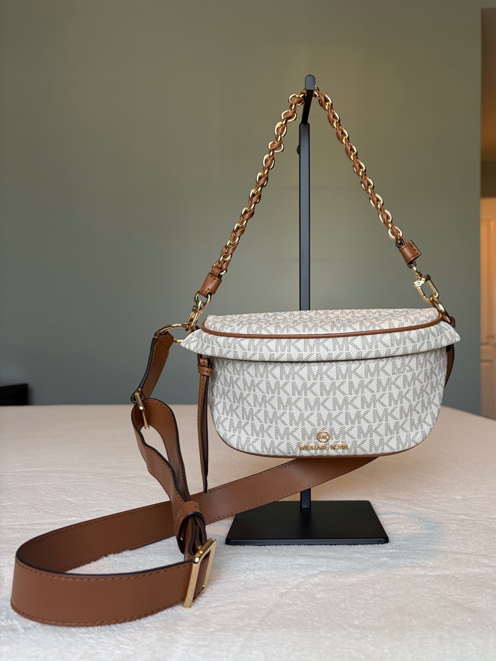Michael Kors White Logo & Brown Leather Crossbody with removable Gold Chain